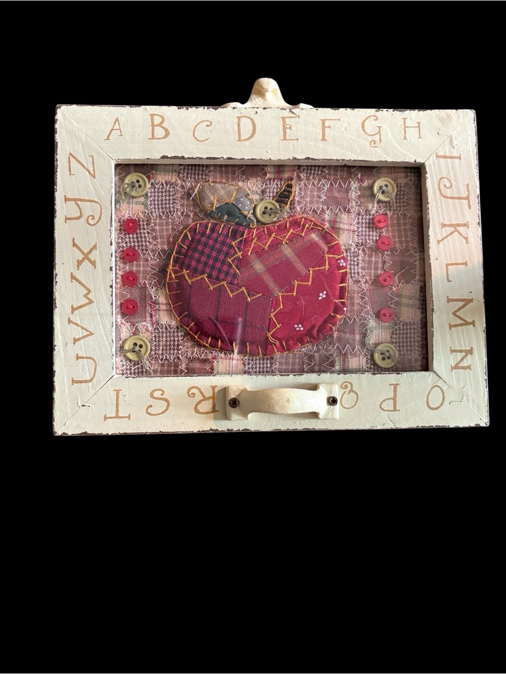 Handmade Patchwork Apple Fiber Art in Red with Cream Frame